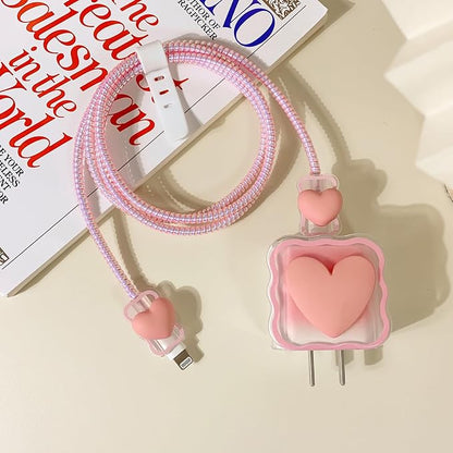 Lovmooful Compatible for iPhone 18W/20W USB-C Charger Cover Clear Lovely 3D Love Heart Waves Design Soft Charger Protector Cute Cable Case Saver Protector for Girls Women-Pink Heart