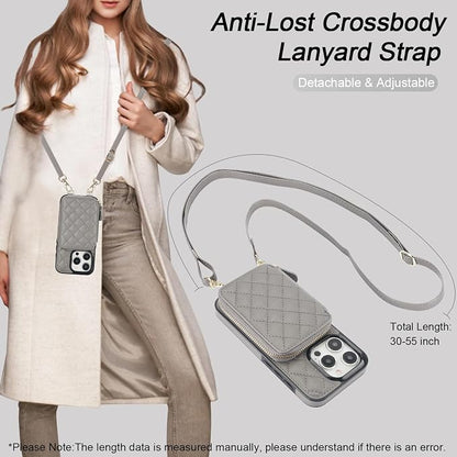 Bocasal Crossbody Wallet Case for iPhone 15 Pro, RFID Blocking PU Leather Zipper Handbag Purse Flip Cover, Kickstand Folio Case with Card Slots Holder Wrist Strap Lanyard 5G 6.1 Inch (Grey)