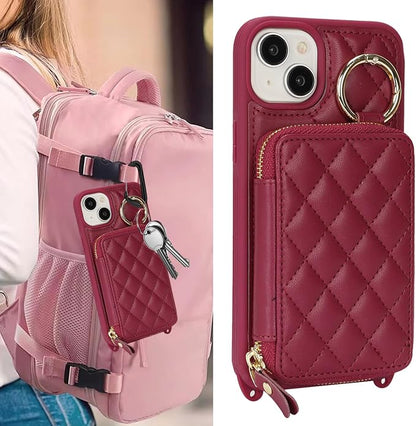 Crossbody Wallet Case for iPhone 14 Plus, PU Leather Zipper Handbag Purse Flip Cover, Kickstand Folio Case with Card Slots Holder Wrist Strap Lanyard 5G 6.7 Inch-Dark red