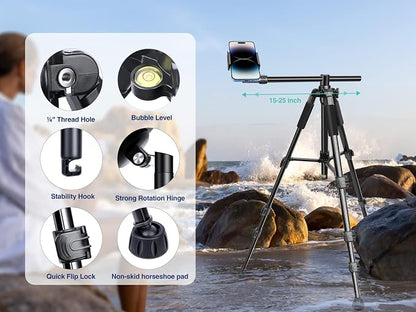 Elitehood iPhone Tripod for Overhead Video Recording [Heavy Duty & Ultra-Stable], 25in Horizontal Long Extendable Boom, 360° Rotation iPhone Tripod Stand with Remote, Vertical 71" Tall Phone Stand
