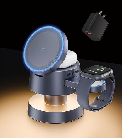 4-in-1 Magnetic Wireless Charging Station for iPhone 17/16/15/14 Pro Max, with Night Lamp and 20W Adapter Wireless Charging Station Fast Charging for Apple Watch, Earphones & Multiple Devices