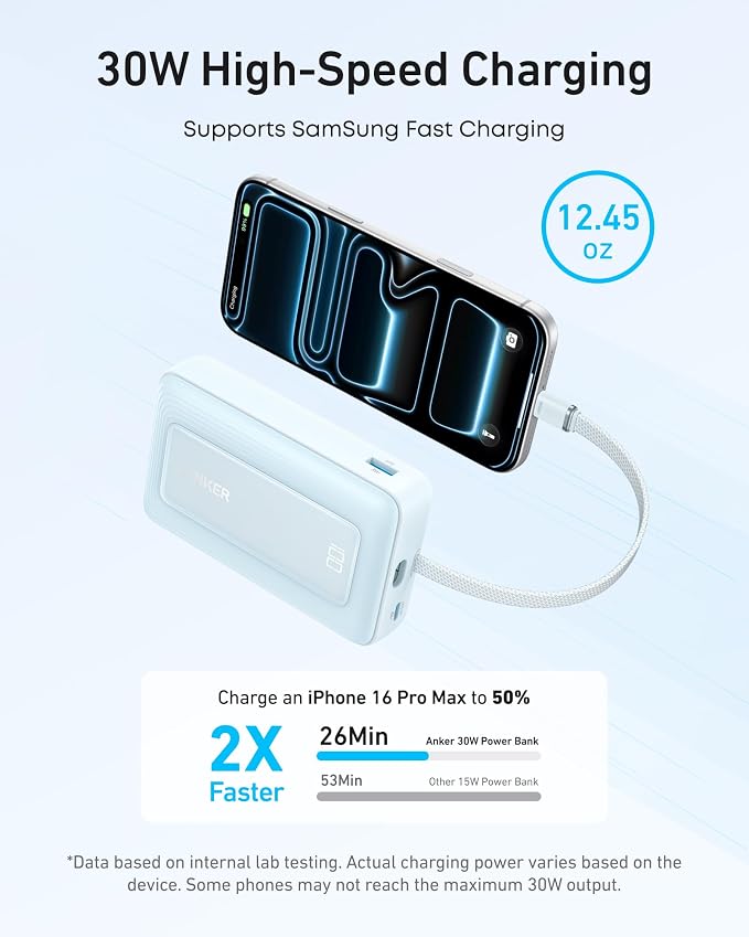 Anker Portable Charger, 10,000mAh 30W Power Bank, USB-C in and Out Fast Charging Battery Pack, Travel Essential Phone Power Bank, for iPhone 17/16, Galaxy and More (Blue, 10000, Milliamp Hours)