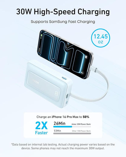 Anker Portable Charger, 10,000mAh 30W Power Bank, USB-C in and Out Fast Charging Battery Pack, Travel Essential Phone Power Bank, for iPhone 17/16, Galaxy and More (Blue, 10000, Milliamp Hours)