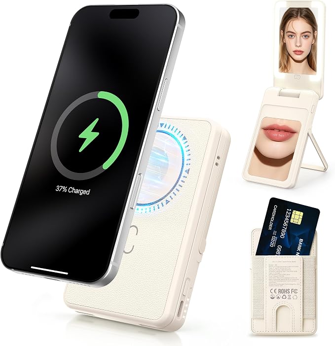 Magnetic Wireless Power Bank 5-in-1, 5000mAh Portable Charger with LED Mirror, Phone Stand, Card Holder & Bluetooth Remote, 20W Fast Charging for iPhone & Android, Travel Essential for Women