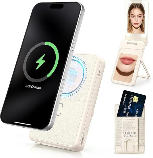 Magnetic Wireless Power Bank 5-in-1, 5000mAh Portable Charger with LED Mirror, Phone Stand, Card Holder & Bluetooth Remote, 20W Fast Charging for iPhone & Android, Travel Essential for Women