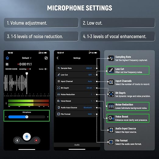 NEEWER KM23B Wireless Lavalier Microphone Bluetooth App Control, Compatible with iPhone Android Phone 8Hrs Battery Vocal Enhancement Noise Cancellation Volume Adjustment Low Cut for Streaming Vlogging
