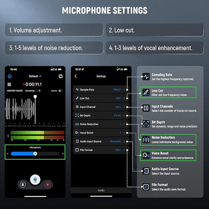 NEEWER KM23B Wireless Lavalier Microphone Bluetooth App Control, Compatible with iPhone Android Phone 8Hrs Battery Vocal Enhancement Noise Cancellation Volume Adjustment Low Cut for Streaming Vlogging