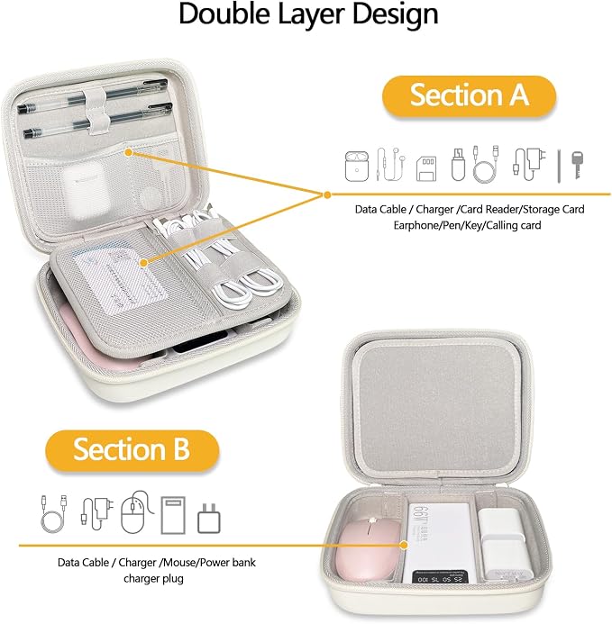Hard Cord Electronic Organizer Travel Case, Cable Tech Pouch Bag, Cord Hard Case for Portable Charger, Power Bank, Mouse and Cords, Tech Organizer Travel,White