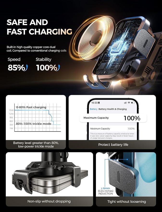 CHGeek Wireless Car Charger with Phone Holder Mount, 15W Fast Charging Auto Clamping Phone Holders for You Car Windshield Dashboard Air Vent Accessories for iPhone, Samsung Galaxy, Google, etc