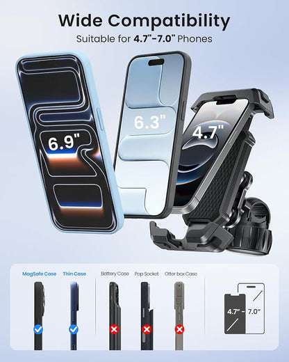 LOXP Anti-Shake Motorcycle Phone Mount - 2026 Dual Vibration Dampener, Universal Bike Phone Holder for iPhone 17/16/15/14/13 Series & Android 4.7-7”, Handlebar Mount for Bicycle/Motorbike/Scooter