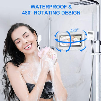 KUNSLUCK Shower Phone Holder Waterproof, 480° Rotation Shower Phone Mount, Anti-Fog HD Sensitive Touch Screen Phone Holder for Shower, Bathtub, Compatible with 4.7" - 6.8" Cell Phones（Pearl White）