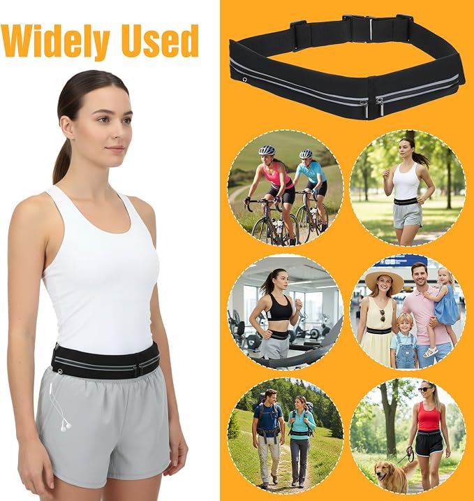 Slim Running Belt with 2 Pockets for women & Men,Runners Fanny Pack Phone Holder,Reflective Fanny Pack,Running Gear Accessories with Buckle(Black)