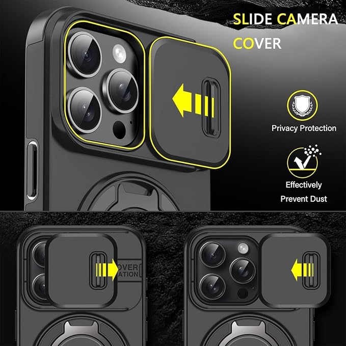 2026 New Case with Slide Camera Cover & 360° Rotatable Ring Kickstand, Free Tempered Glass Screen Protector for iPhone 11-17 Series (13 Pro Max,Pink)