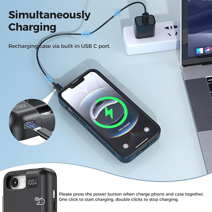 Mavulo Battery Case for iPhone 16e/17e, 8000mAh Portable Power Bank USB-C Fast Charging, Fast Charger, Protective Rechargeable Charger Case for iPhone 16e & iPhone 17e 6.1", Black