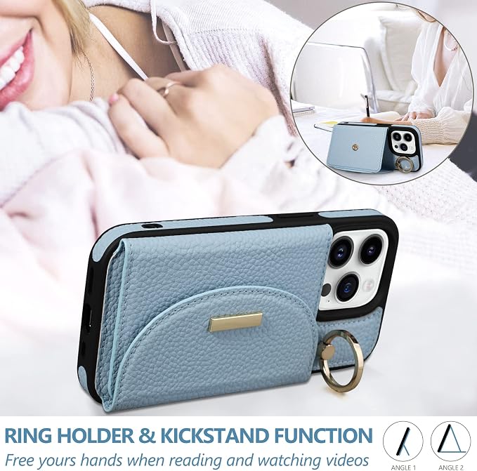 Keallce Wallet Case for iPhone 15 Pro 6.1'', Flip Case with Card Slots, Ring Holder Kickstand, PU Leather Protective Folio Cover for Women, Blue