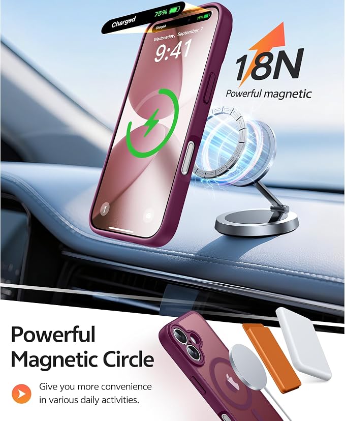 FNTCASE for iPhone 17 Case, Compatible with Magsafe, Glass Screen Protector | Full Camera Protection, Translucent Matte, 14FT Military Grade Drop Proof, Shockproof Protective Phone Cover, Wine Red