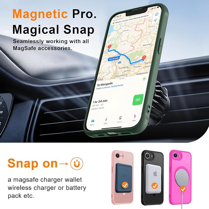 MOCCA Strong Magnetic for iPhone 17e Case/iPhone 16e Case [Compatible with Magsafe] [Full Camera Protection] Slim Translucent Matte Shockproof Phone Case for iPhone 17e / 16e 6.1", Midnight Green