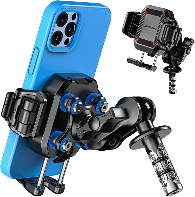 BRCOVAN Anti-Theft Motorcycle Fork Stem Phone Mount Holder with Vibration Dampener [1s Lock] [Camera Friendly] Adjustable Size Mobile Phone Cradle Fit 5.4-7.2" Cellphones