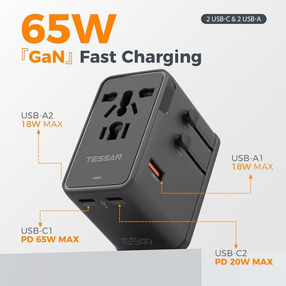 TESSAN Universal Travel Adapter, 65W International Power Adapter | 4 USB Charging Ports (2 USB C), Worldwide Plug Adaptor, US to Europe UK Italy Spain France Ireland Australia, Type C G A I