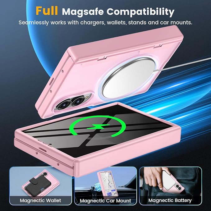 Caka Magnetic for Samsung Galaxy Z Fold 8 Case with Hinge Protection Pink | Compatible with MagSafe, Built-in Outer Screen Protector, Hinge Guard, Translucent Matte Back, 360° Hybrid Drop Defense