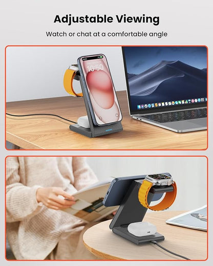 GEEKERA 3 in 1 Wireless Charging Station for Magsafe, Foldable Magnetic Wireless Charger Stand for Multiple Devices, Wireless Charger for iPhone 17 16-12 Series, Apple Watch 11-2, AirPods 4/3/2/Pro