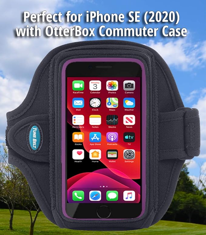 Tune Belt AB88 Cell Phone Running Armband Holder, Pocket Size fits OtterBox Commuter or Similar Case for iPhone 12/13 mini, SE 2020 and iPhone X/XS, Water Resistant (Black)