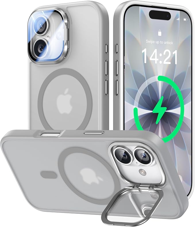 [Upgraded Full Camera Protection] for iPhone 17 Case with Camera Cover Stand [Fit for MagSafe][10FT Mil-Grade Protection] Translucent Magnetic iPhone 17 Phone Case, Grey