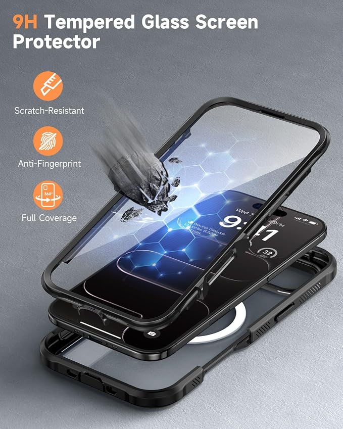 seacosmo for iPhone Air Case, Full Body Bumper with Built-in 9H Tempered Glass Screen and Camera Lens Protector, Compatible with MagSafe, Shockproof 17 Air Phone Case, 6.5", Black