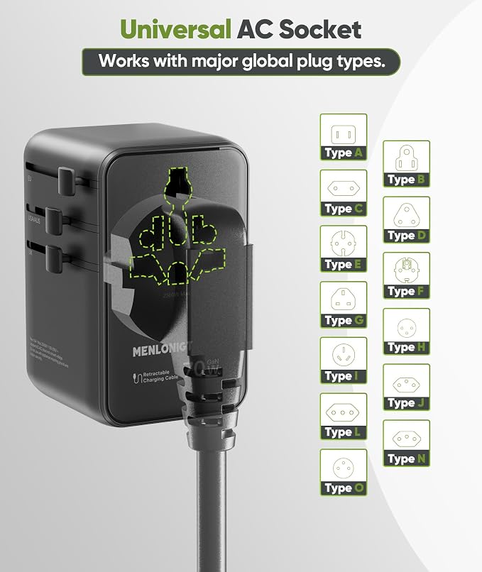 70W GaN Universal Travel Adapter with Retractable USB-C Cable, Fast Wall Charger for MacBook Pro/Air, Laptops, 6-in-1 International Plug for US/UK/EU/AU (Over 200 Countries)