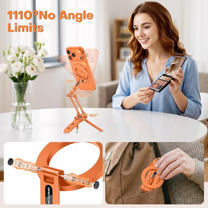 OMOTON TP06 for MagSafe Tripod Hook, 360°Rotate Magnetic Phone Tripod for iPhone 17/16/15 Pro Max Air, Fold Phone Stand Selfie Stick with 1/4" Screw, Acra Fits Vlog, Gym, Travel Essentials, Orange