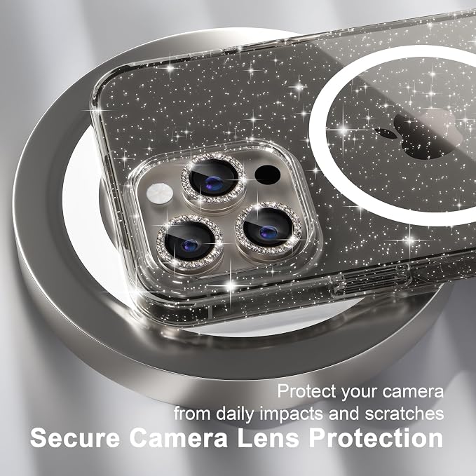 Choiche for iPhone 15 Pro Case Magnetic, Women Clear Glitter Bling Sparkly Case, [3xDiamond Camera Lens Protectors] [2xTempered Glass Screen Protectors] [Compatible MagSafe] (Glitter Gray)