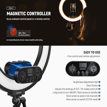 NEEWER 18 Inch Edge Lit Ring Light with Tripod Stand Phone Holder Compatible with iPhone for Video Recording Selfie Makeup Studio Streaming, 45W 2900-7000K APP 2.4G Control Ringlight Lighting, RL45B