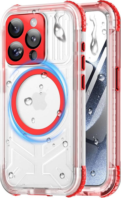 for iPhone 15 Pro Waterproof Case with Magsafe, Built-in [Camera & Screen Protector] [Lanyard], IP68 Water Proof Full Body Dustproof Heavy Duty Frosted Protective Phone Cover, 6.1" Red