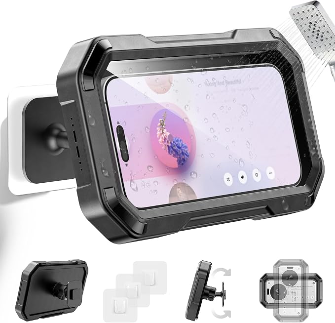 KDD Shower Phone Holder Waterproof - 360° Rotation Detachable Phone Case, Fully Enclosed High Touch Sensitive Design Wall Phone Mount Stand, Bathroom Mirror Bathtub Accessories for 4-6.7” Cellphones