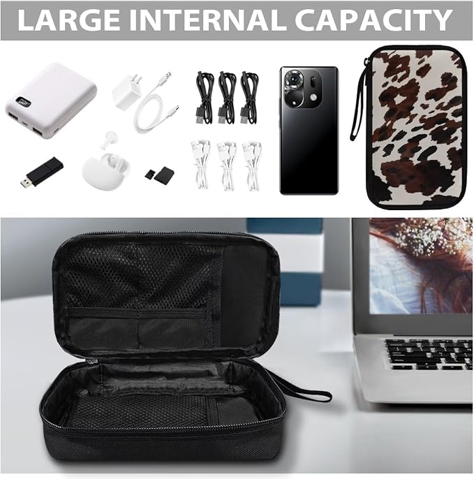 Cow Print Electronic Organizer Travel Cable Organizer Storage Bags for Data Cables, USB C Charger, SD Card, Hard Drive, Charging Cord, Mouse, Power Bank