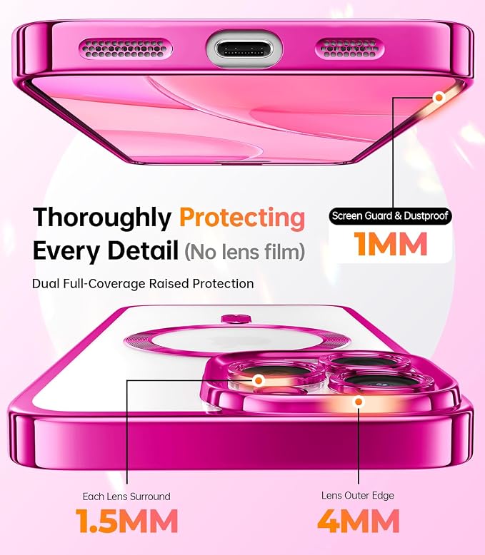 Meifigno Magnetic Case with Removable Phone Ring Stand for iPhone 16 Pro, [Glitter Card & Wrist Strap] [MagSafe Compatible] [Built in Mirror] Magnetic Phone Ring Holder + 16 Pro Case Kit, Hot Pink