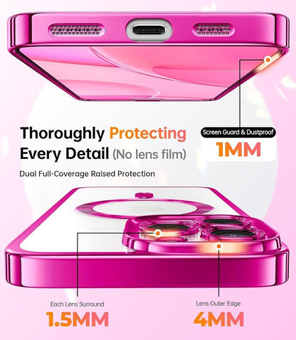 Meifigno Magnetic Case with Removable Phone Ring Stand for iPhone 16 Pro, [Glitter Card & Wrist Strap] [MagSafe Compatible] [Built in Mirror] Magnetic Phone Ring Holder + 16 Pro Case Kit, Hot Pink