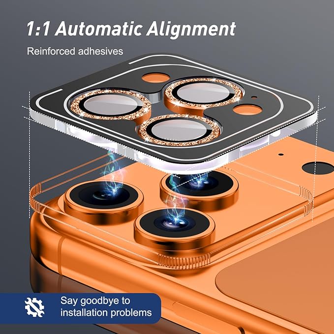 Jeluse Camera Lens Protector for iPhone 17 Pro Max/17 Pro/16 Pro Max/16 Pro/15 Pro Max/15 Pro/14 Pro Max/14 Pro, 9H Tempered Glass Screen Protector Cover Alignment Kit Metal Individual Ring