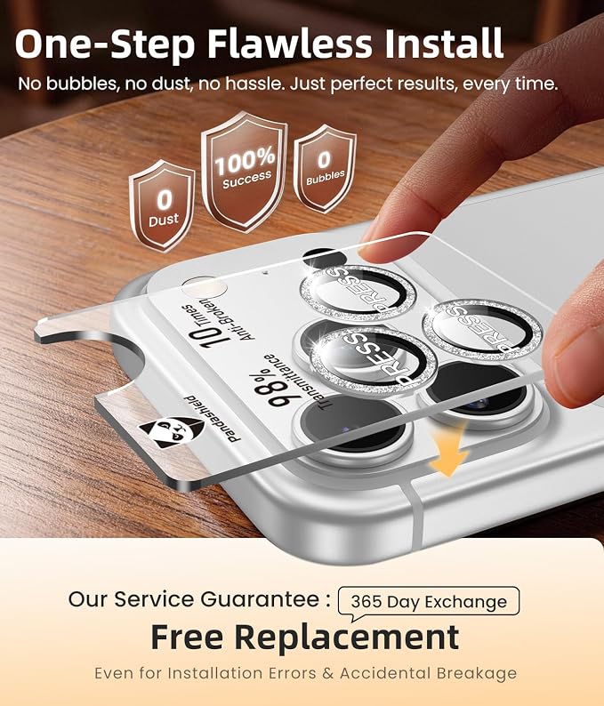PandaShield 2-Pack Anti-Reflection Camera Lens Protector for iPhone 17/16/15 Pro & Pro Max, Easy Installation,9H Hardness, 98% Ultra Clarity, Maintains Original Lens Design - Glitter Silver