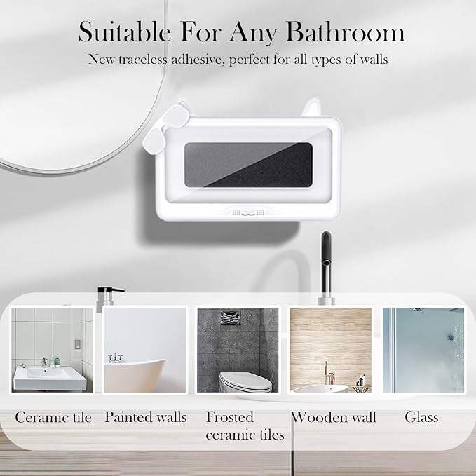 Shower Phone Holder Waterproof, Anti-Fog Touch Screen Shower Phone Case, 480 Rotation Wall Phone Mount Stand for Bathroom Batheub Kitchen Wall Mirror, Compatible with 4.7"-6.8" Phones (White)