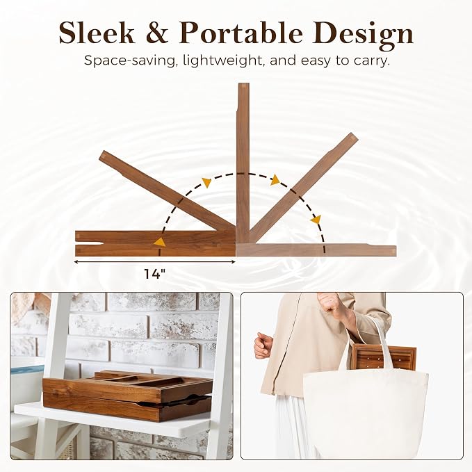 Fun Memories Teak Bathtub Tray for Tub – Adjustable Solid Wood Bath Caddy with Wine Glass Holder, Phone Dock & Book Stand – Bath Tub Tray Wood – Light Walnut Finish