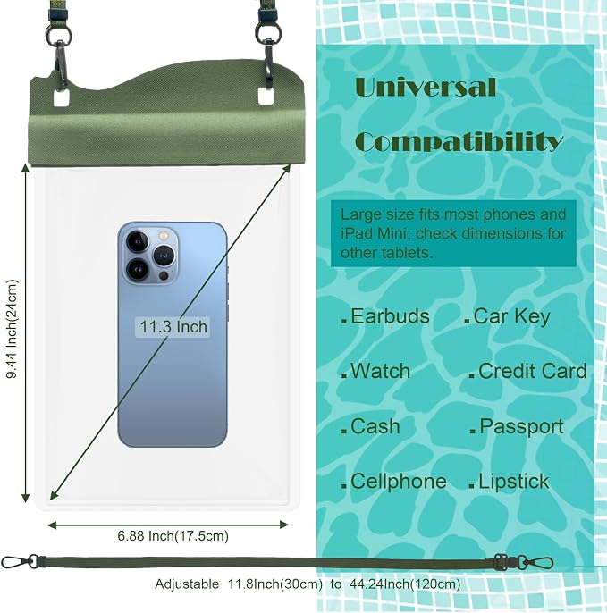 YUMQUA Large Watperproof Pouch 2 Pack [Up to 11.3"], IPX8 Waterproof Cell Phone Case Dry Bag Pouch Compatible with iPhone 14 13 12 Pro Max, Galaxy S23 Ultra S22 or iPad mini, Army Green+Yellow