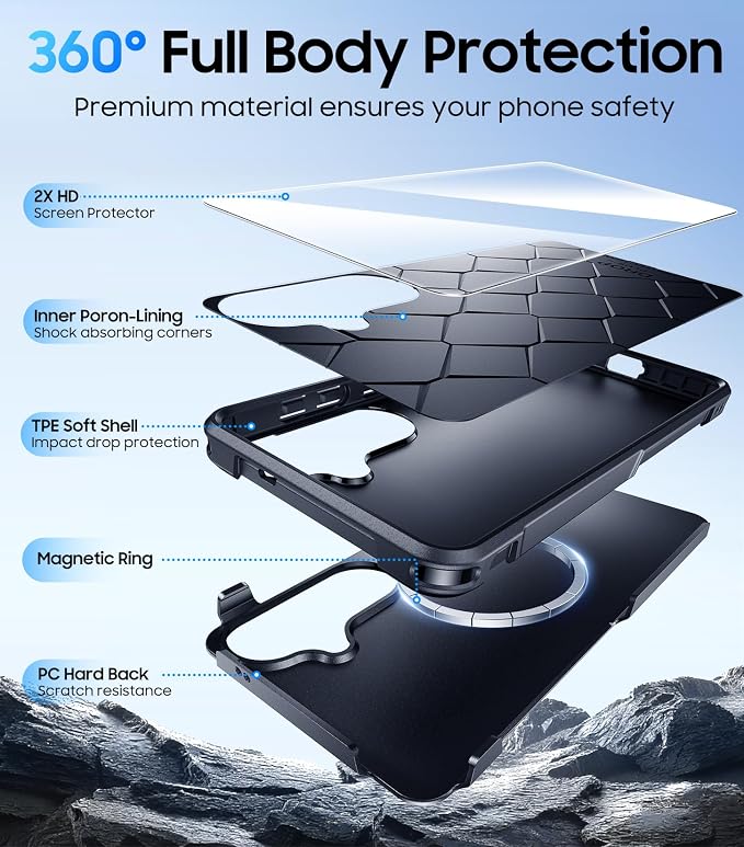 Red2Fire Magnetic for Samsung Galaxy S26 Case 6.3 Inch, [Military Grade Drop Protection][Compatible with MagSafe][Screen Protector] Heavy Duty Full Body Shockproof Non-Slip Phone Case, Black