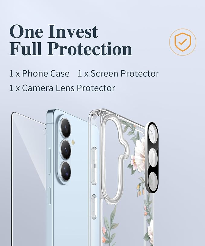 GVIEWIN for Samsung Galaxy S26 Case, Clear Floral Slim Shockproof Protective Women Phone Case, Non-Yellowing, with Screen Protector & Camera Lens Protector for Galaxy S26 6.3", Magnolia/White