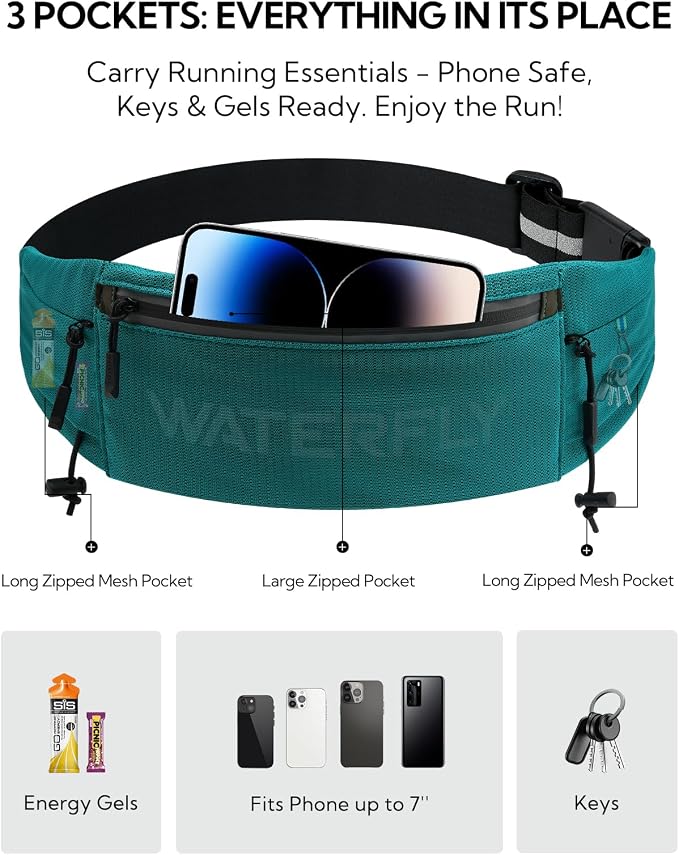 WATERFLY Running Belt Fanny Pack: Breathable 3 Pocket Waist Bag for Men Women Workout Exercise Fitness Phone Holder Fits All Phones - Runner Marathon Jogging Race Belt with Bib Clip Green