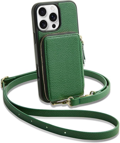 ZVE for iPhone 16 Pro Max Wallet Case, Zipper Crossbody Case with Card Holder Wrist Strap Phone Purse Cover for Women for iPhone 16 Pro Max 6.9" Dark Green