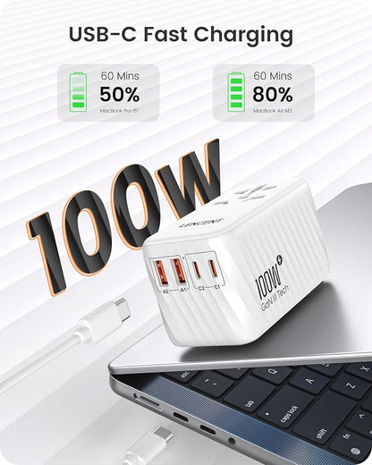 LENCENT Universal Travel Adapter, 100W GaN International Fast Charger | with 2 PD3.0 Type C+2 USB A, Worldwide Power Adaptor for Phones,Laptops, All in One Travel Essentials for EU/USA/UK/AU, White