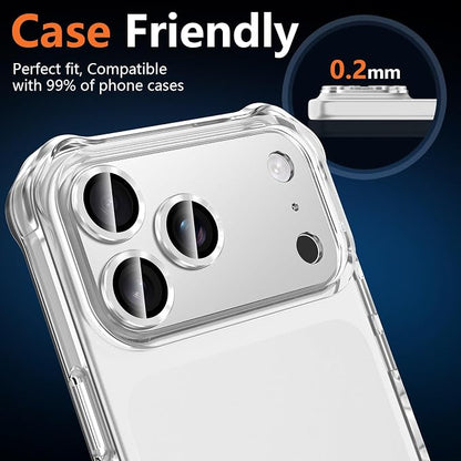 for iPhone 17 Pro Max Camera Lens Protector, [Military Grade Shatterproof] [Strong Adsorption] [Case Friendly] Full Coverage Metal Aluminum Alloy 9H Tempered Glass Camera Screen Cover, Slivery
