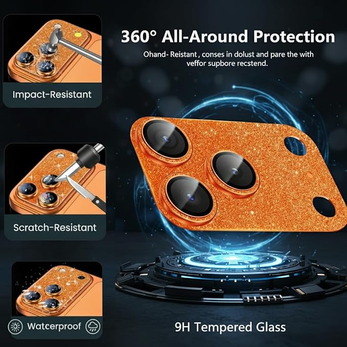 Glitter Bling Ring Camera Lens Protector cover for iPhone 17 Pro Max Women, 9H Hardness Tempered Glass Lens Protector, Anti-Scratch, Cosmic Orange (orange)