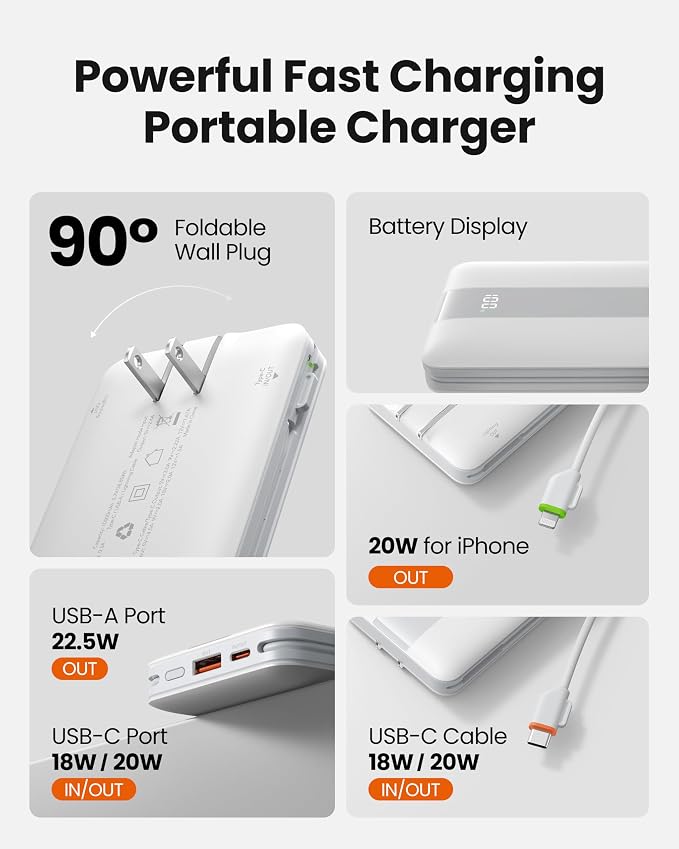 Fast Charging Power Bank, USB C Portable Charger Built-in Cables and Wall Plug, 10500mAh 22.5W 4 Outputs 3 Inputs LED Display External Battery Pack Compatible with iPhone/Android (White)